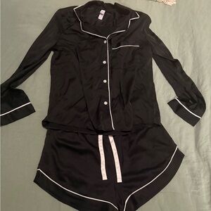 Elegant Black Satin Pajama Set with White Trim